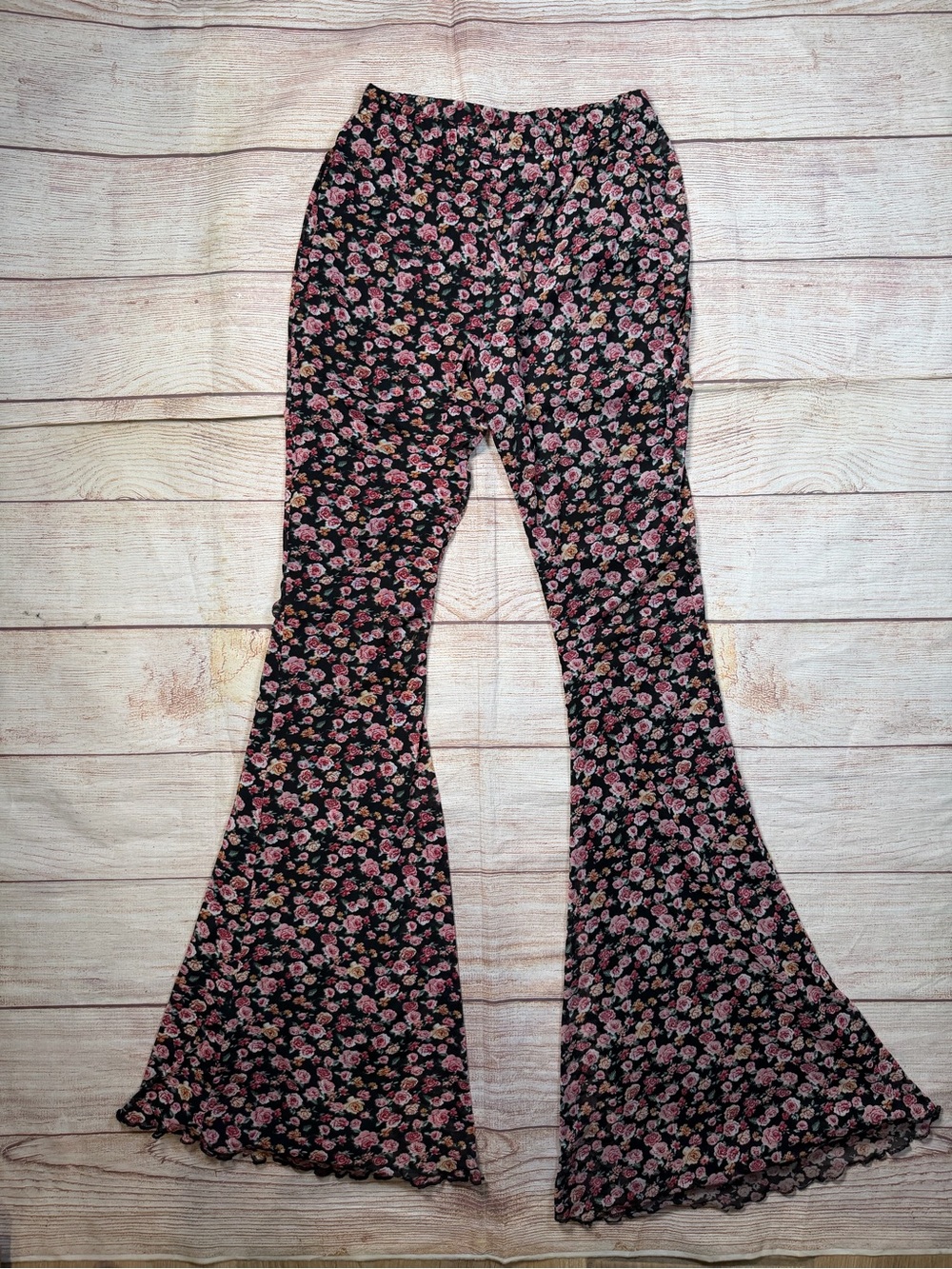 Floral‎ Sheer Mesh Black Pants with Pink Rose Print Flare Leg Festival